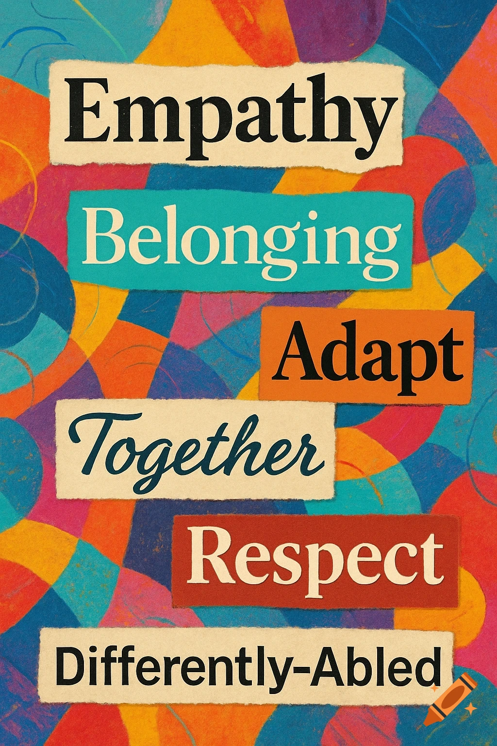 A vibrant collage featuring cut-out words 'Empathy,' 'Belonging,' 'Adapt,' 'Together,' 'Respect,' and 'Differently-Abled' on an abstract background.