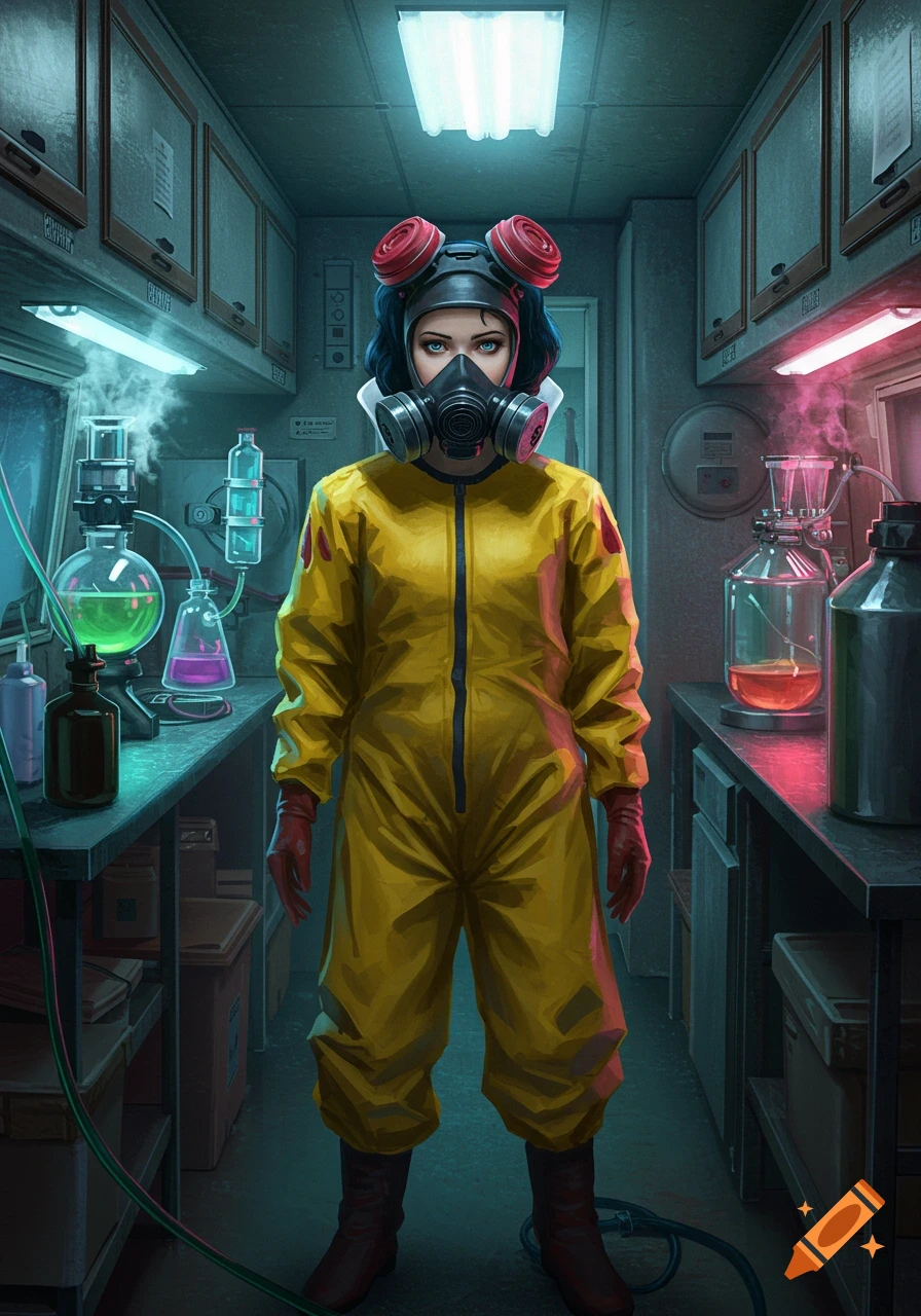 A woman in a yellow hazmat suit and gas mask stands in a futuristic chemistry lab filled with glowing beakers and equipment.