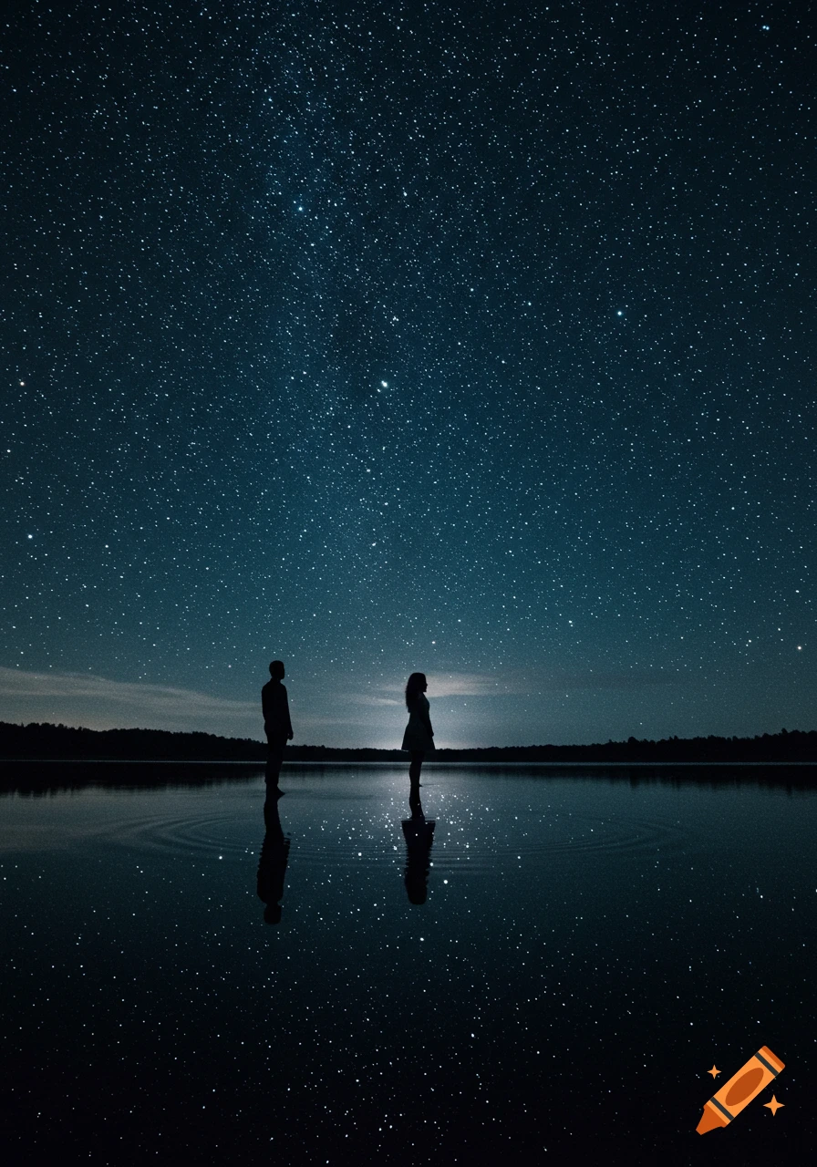 Silhouettes of a man and woman stand in a lake under a vast, star-filled night sky, reflected in the water.