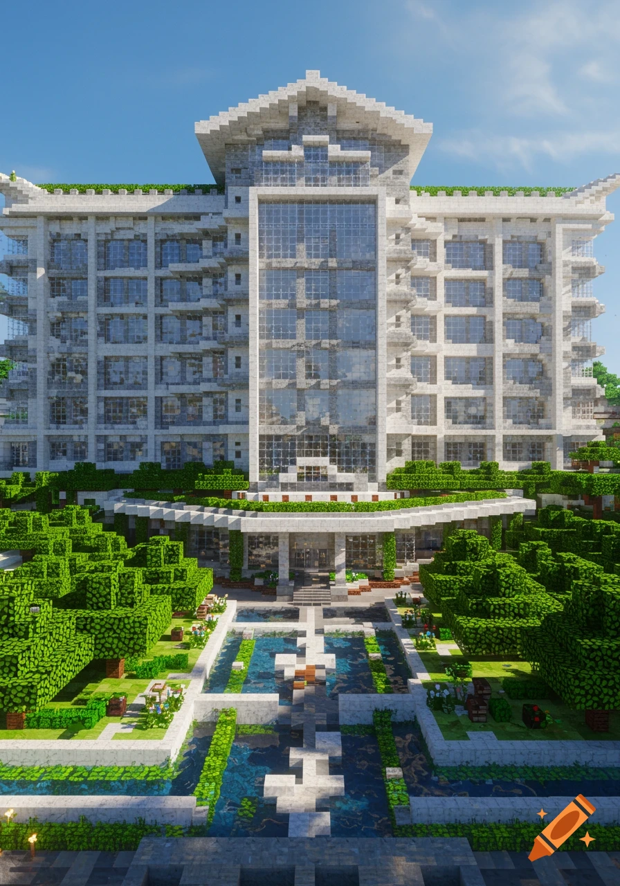 A grand, modern Minecraft-style hotel building with a white facade, many windows, and a large, symmetrical garden with green trees and water features.