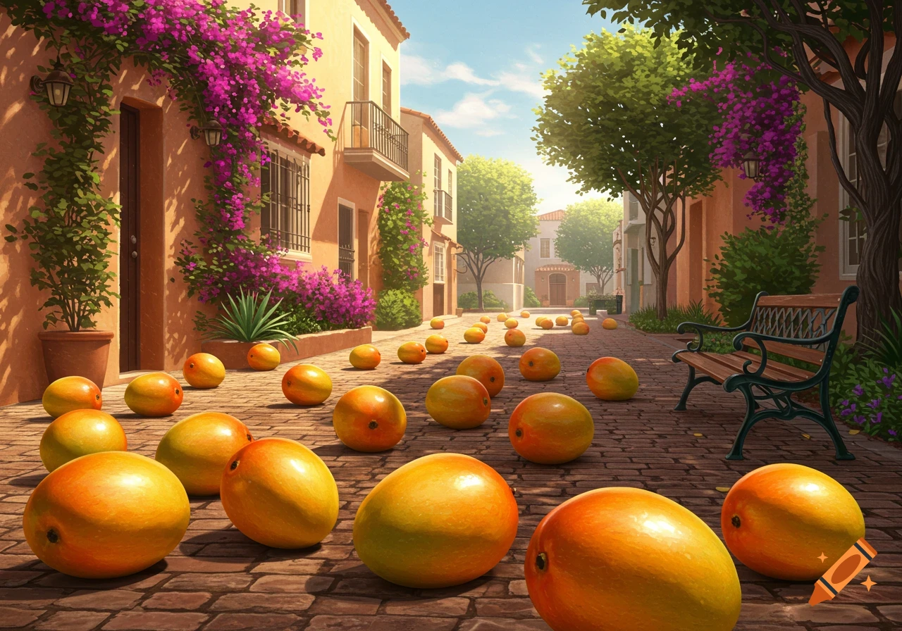 A quaint cobblestone street lined with buildings and flowering plants is covered in a multitude of ripe, golden mangoes under a bright sunny sky.