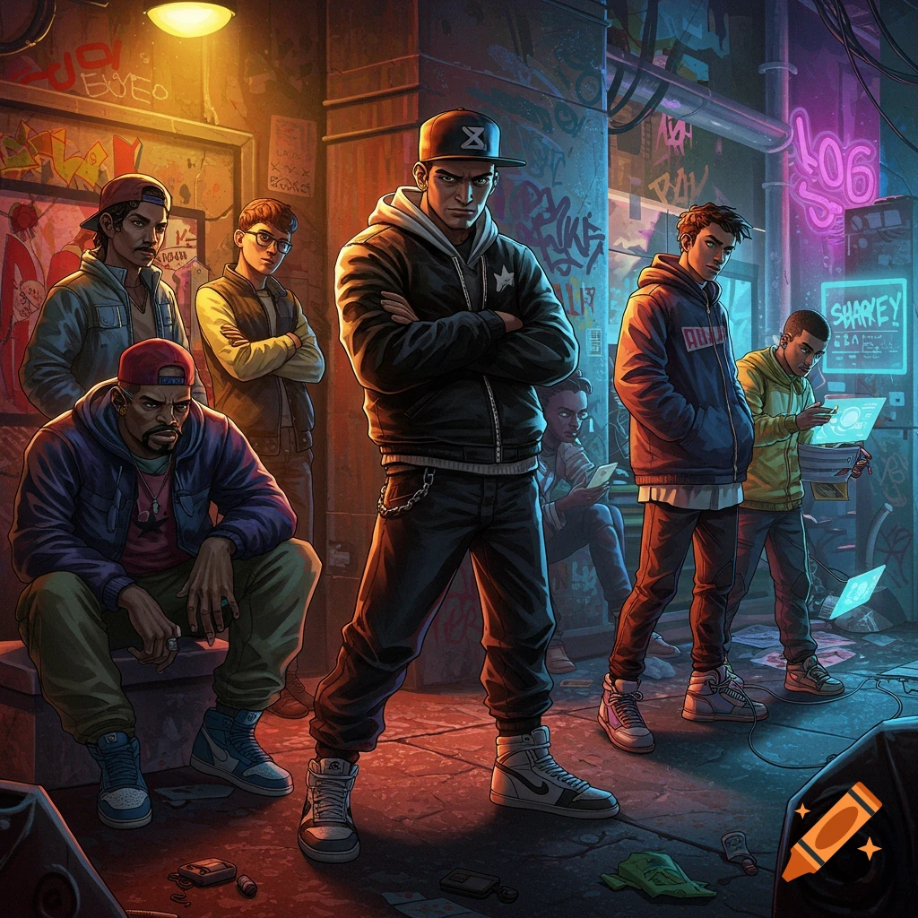 A group of stylized, diverse male characters in an urban alley, illuminated by neon lights and graffiti, in a comic book art style.