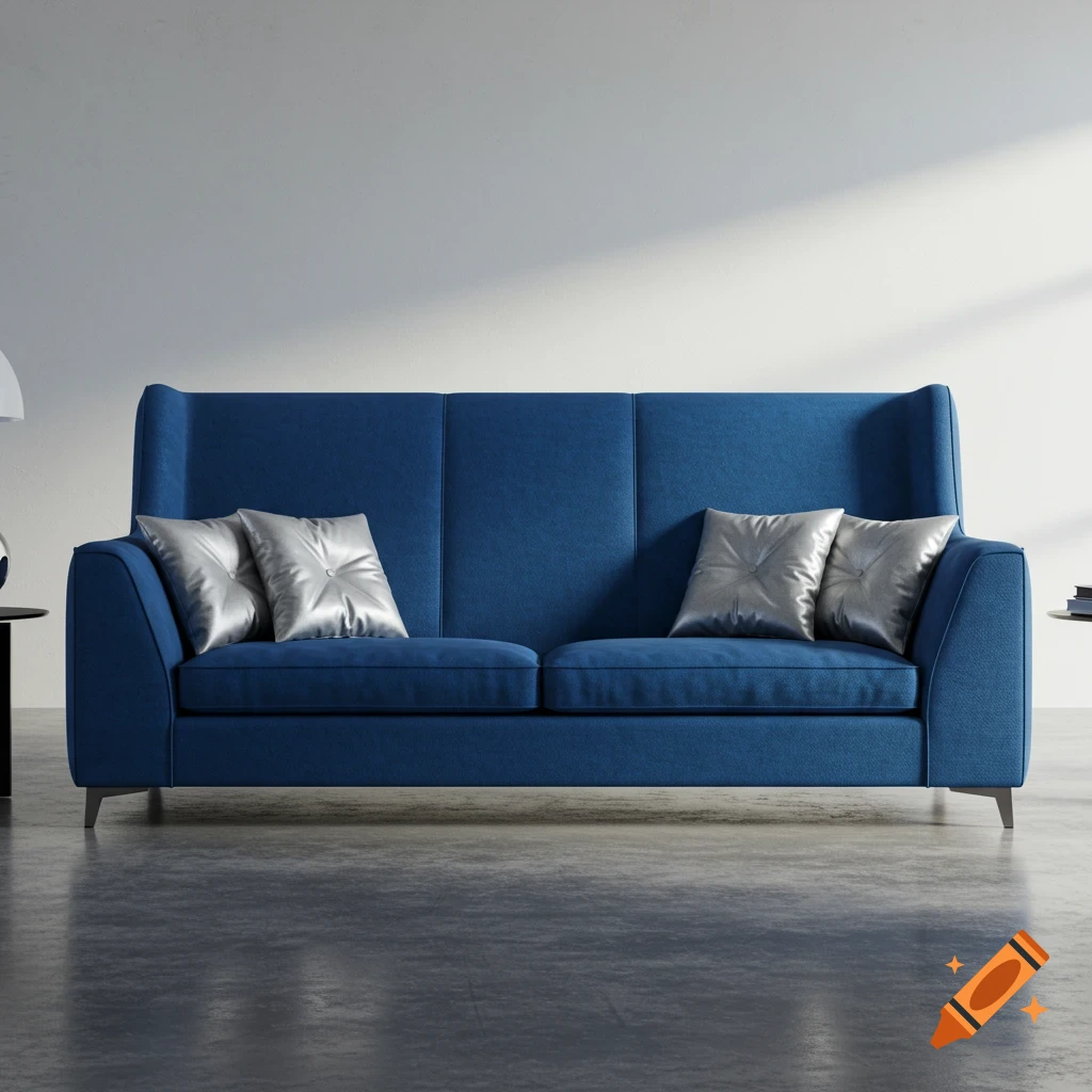 A photorealistic blue sofa with silver pillows sits in a modern room with white walls and a concrete floor.