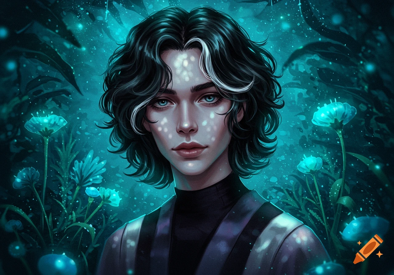 A person with wavy black hair and a white streak, luminous eyes, and glowing skin amidst a dark teal bioluminescent forest.