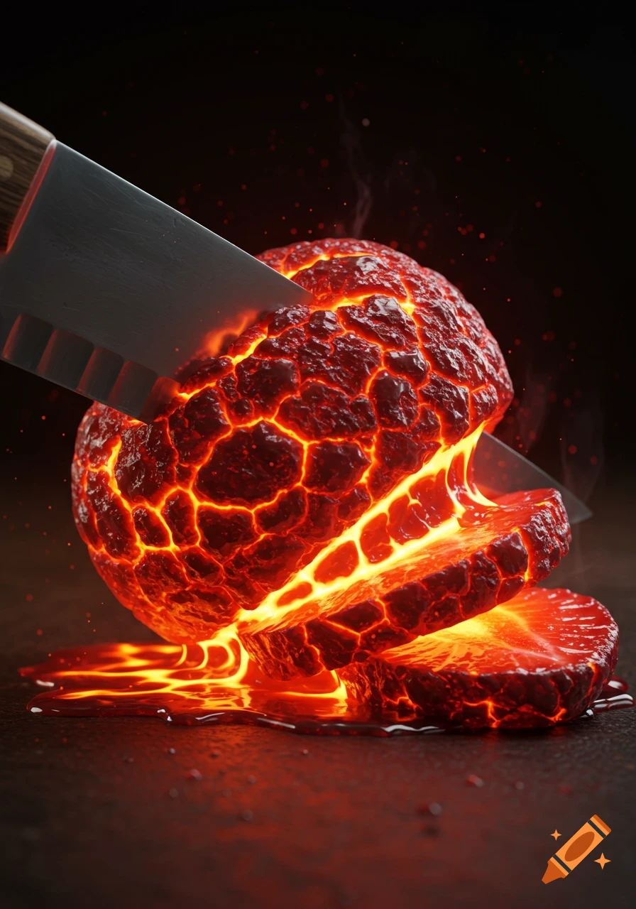 A knife slicing a glowing red lava-textured strawberry, close-up.