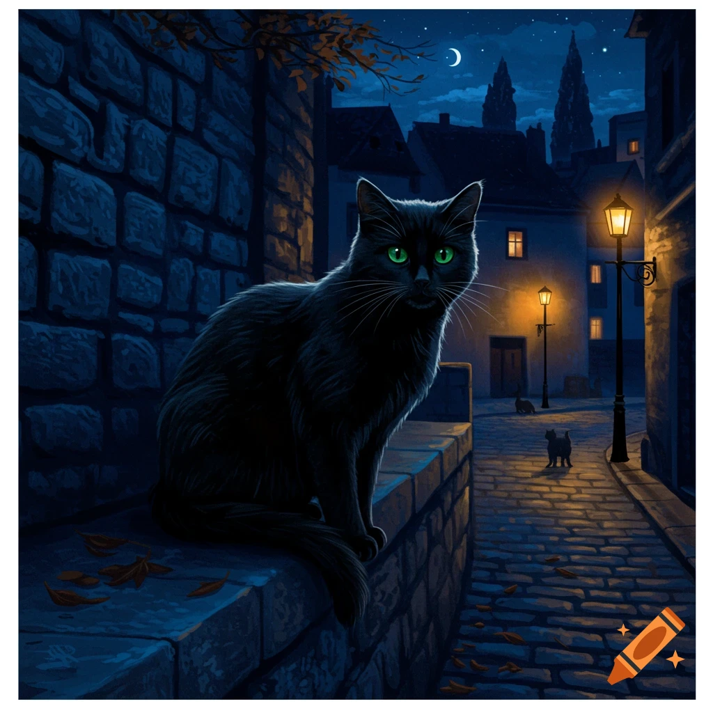 A black cat with green eyes sits on a stone wall overlooking a moonlit cobblestone street with glowing streetlights and old buildings at night. Painterly.
