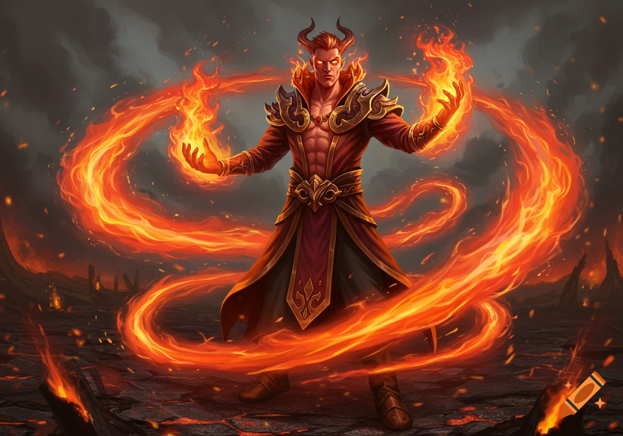 A powerful male fire elementalist with horns and glowing red eyes stands on a fiery, rocky ground, surrounded by swirling flames.