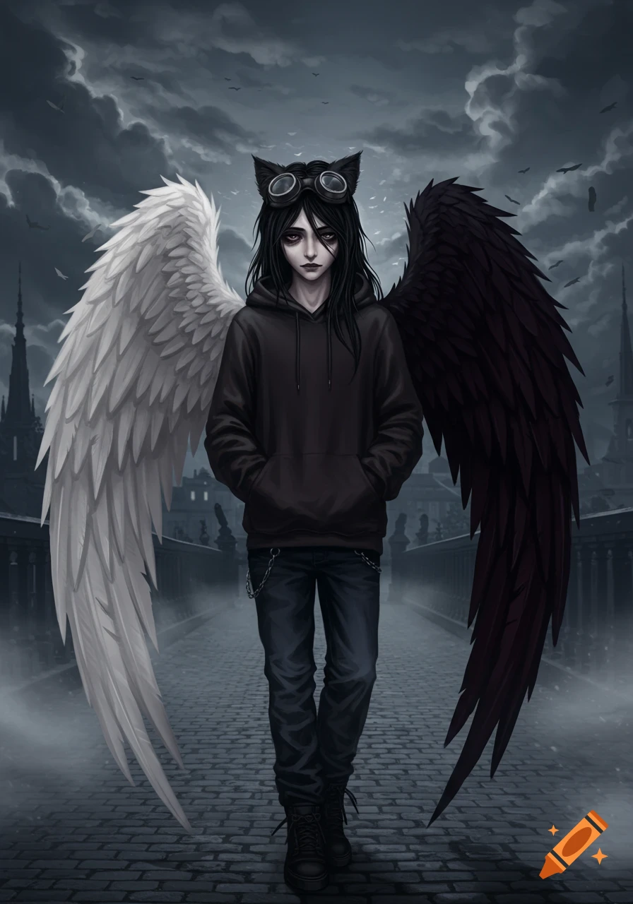 A melancholic anime gothic character with long black hair, cat ears, and goggles, wearing a black hoodie and jeans, stands on a bridge under a dark sky, featuring one white and one black wing.