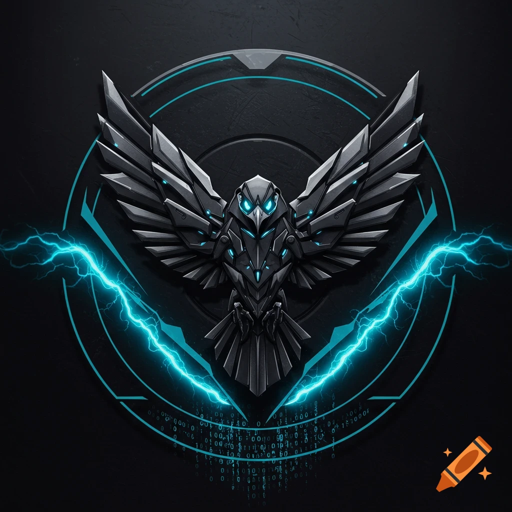 A metallic black emblem of a stylized, futuristic bird or eagle with glowing blue eyes and neon blue lightning bolts, set against a dark background with digital code at the bottom.