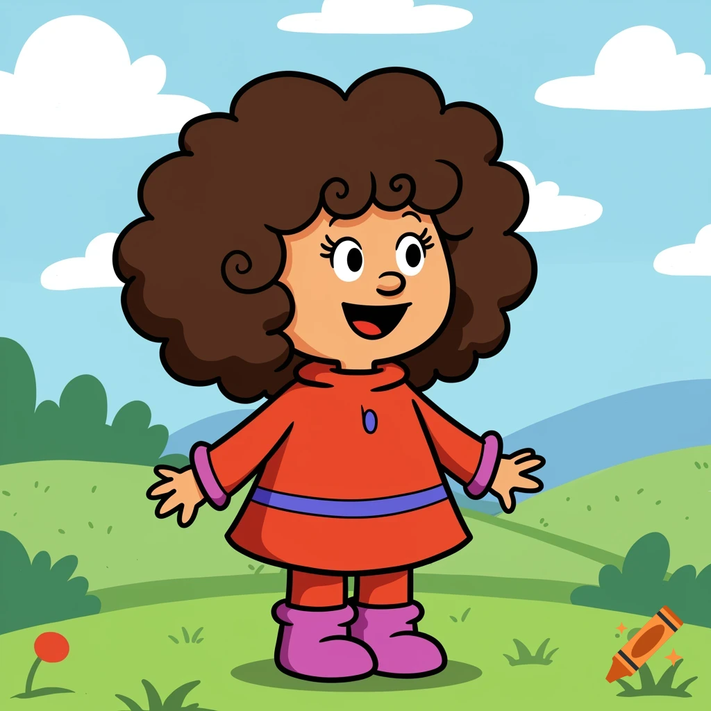 A cartoon girl with curly brown hair, red dress, and purple boots stands in a grassy field under a blue sky.