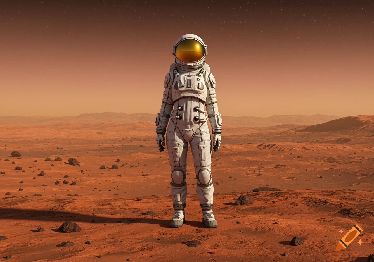 An astronaut in a spacesuit stands on the rocky red surface of Mars under an orange-brown sky.