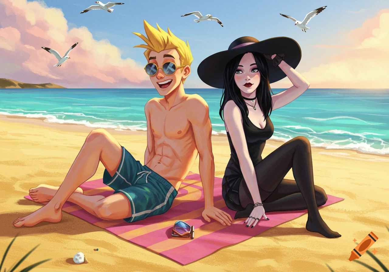 A cartoon man and woman sit on a striped beach blanket by the ocean under a pastel sky with seagulls flying.