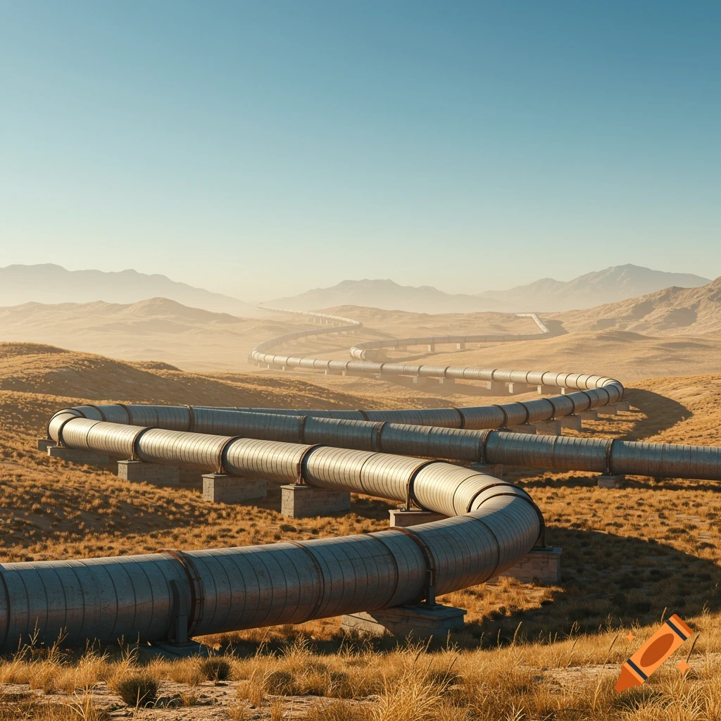 A long pipeline snakes through a dry, grassy desert landscape with mountains under a clear sky.