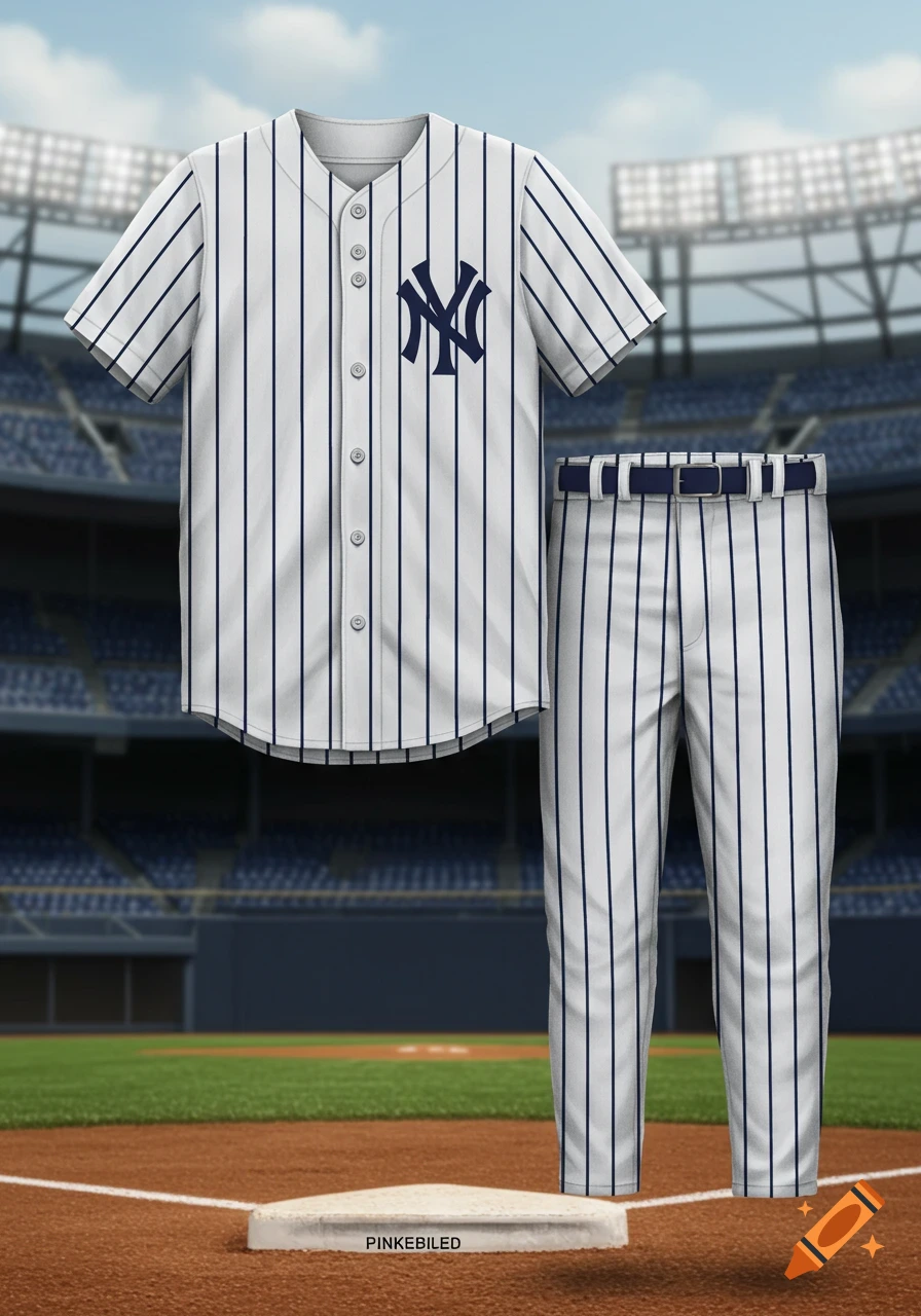 Photorealistic pinstripe baseball uniform with an NY logo on a baseball field with a home plate in the foreground.