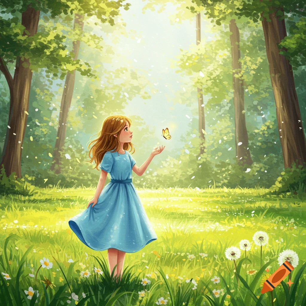 A young girl in a blue dress stands in a sunlit forest clearing, looking at a butterfly on her hand, in an illustration style.