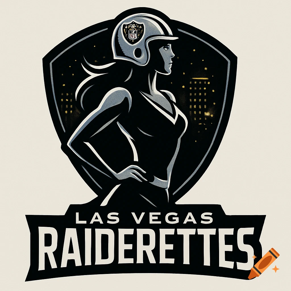 Logo for Las Vegas Raiderettes, featuring a stylized woman in a football helmet looking right, with a cityscape background and the text 'LAS VEGAS RAIDERETTES' below.