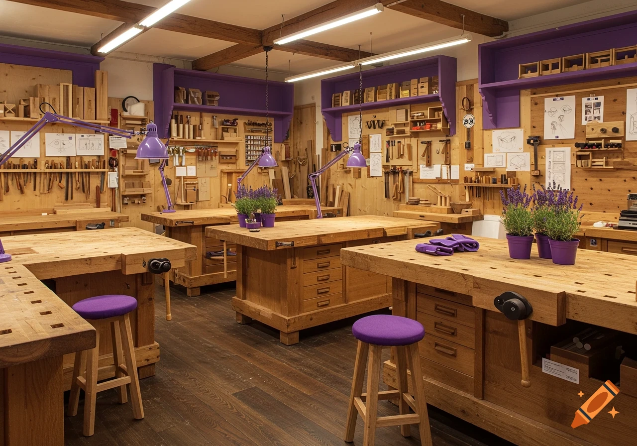 A clean, well-lit woodworking workshop with several wooden workbenches, purple accent lighting, stools, and potted lavender plants.