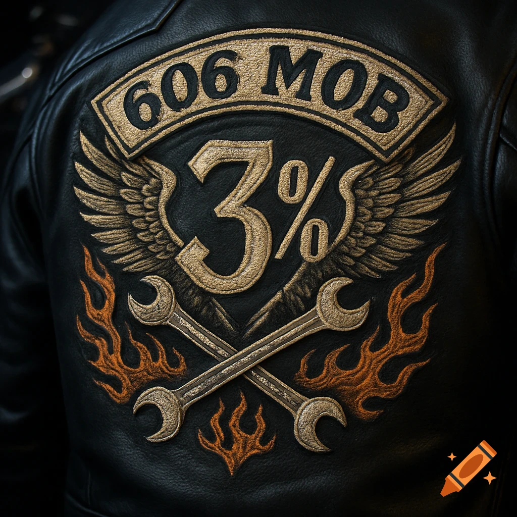 A close-up of an embroidered motorcycle club patch on a black leather jacket, featuring the text "606 MOB" and "3%" with wings, crossed wrenches, and flames.
