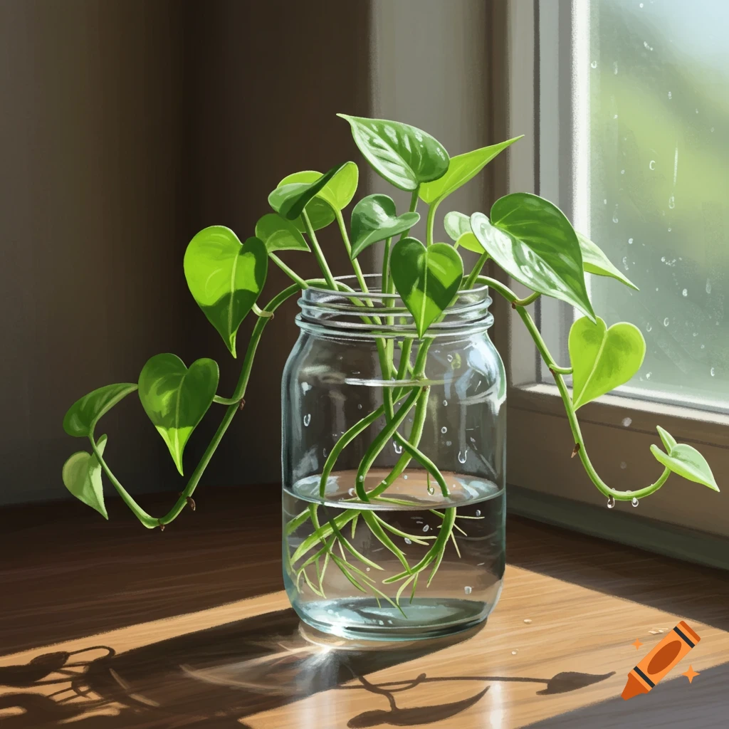 Pothos plant cuttings with roots in a glass jar of water on a wooden table near a window, lit by sunlight.