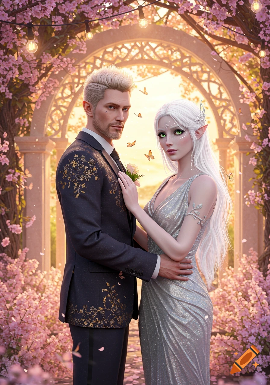 A blonde man and an elf woman in formal wear embrace under a flowering archway with cherry blossoms and butterflies.