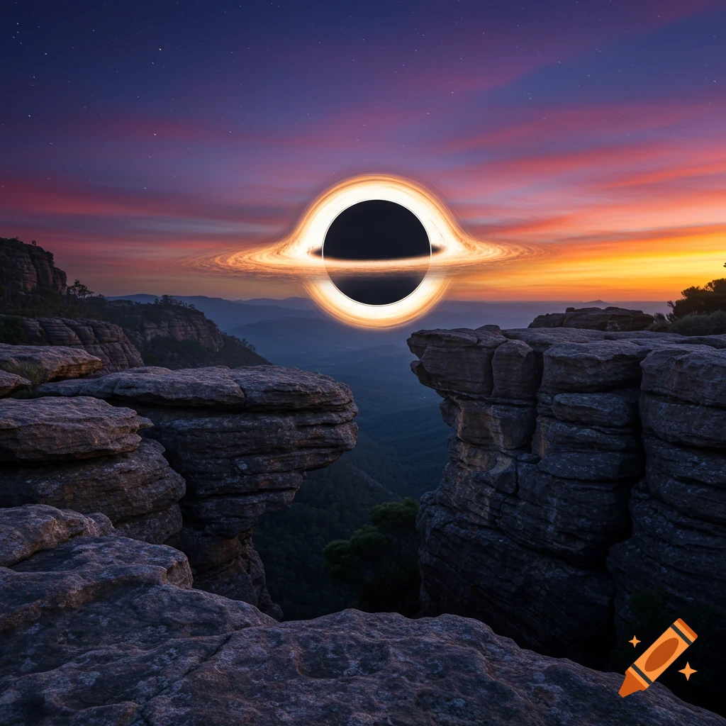 A radiant black hole hovers over a dramatic rocky canyon landscape at sunset with a starry sky.