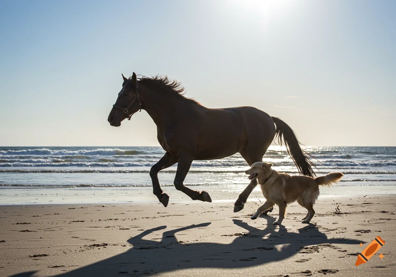 A horse and a dog run side-by-side on a sunny beach near the ocean, casting long shadows.