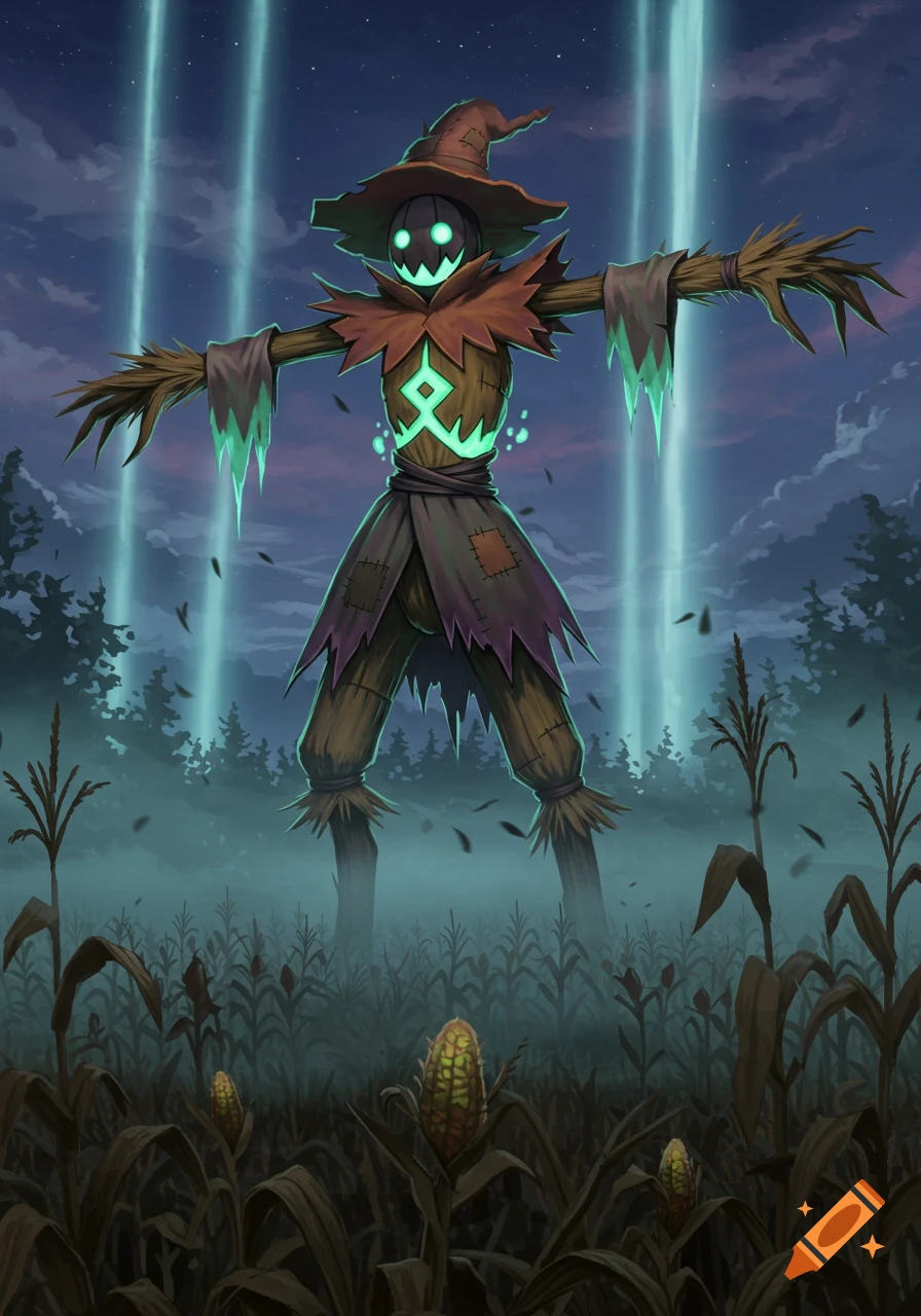A glowing green scarecrow with a witch's hat stands in a dark cornfield under blue light beams at night, in an illustrative fantasy style.