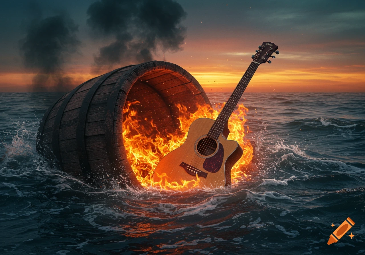 Acoustic guitar engulfed in flames, rising from a burning wooden barrel floating in a dark, choppy ocean at sunset.
