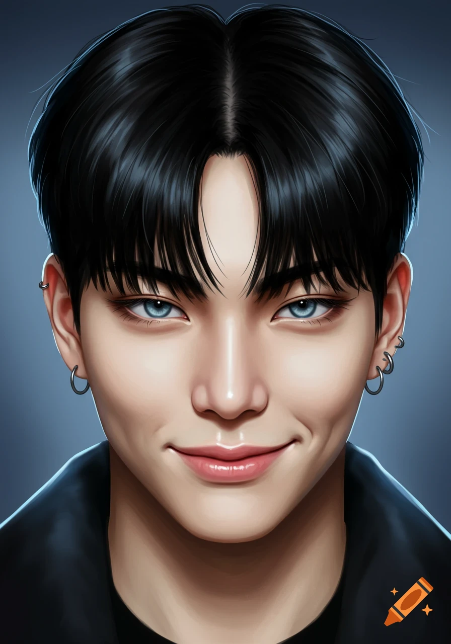 Close-up digital art portrait of a young man with black hair, blue-grey eyes, smiling slightly, wearing earrings.