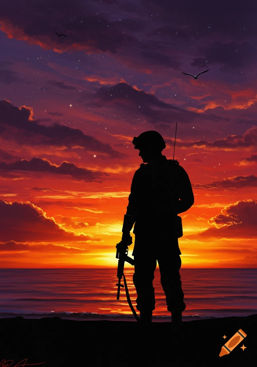 Silhouette of a soldier holding a rifle, standing on a beach at sunset with vibrant orange and purple clouds over the ocean.