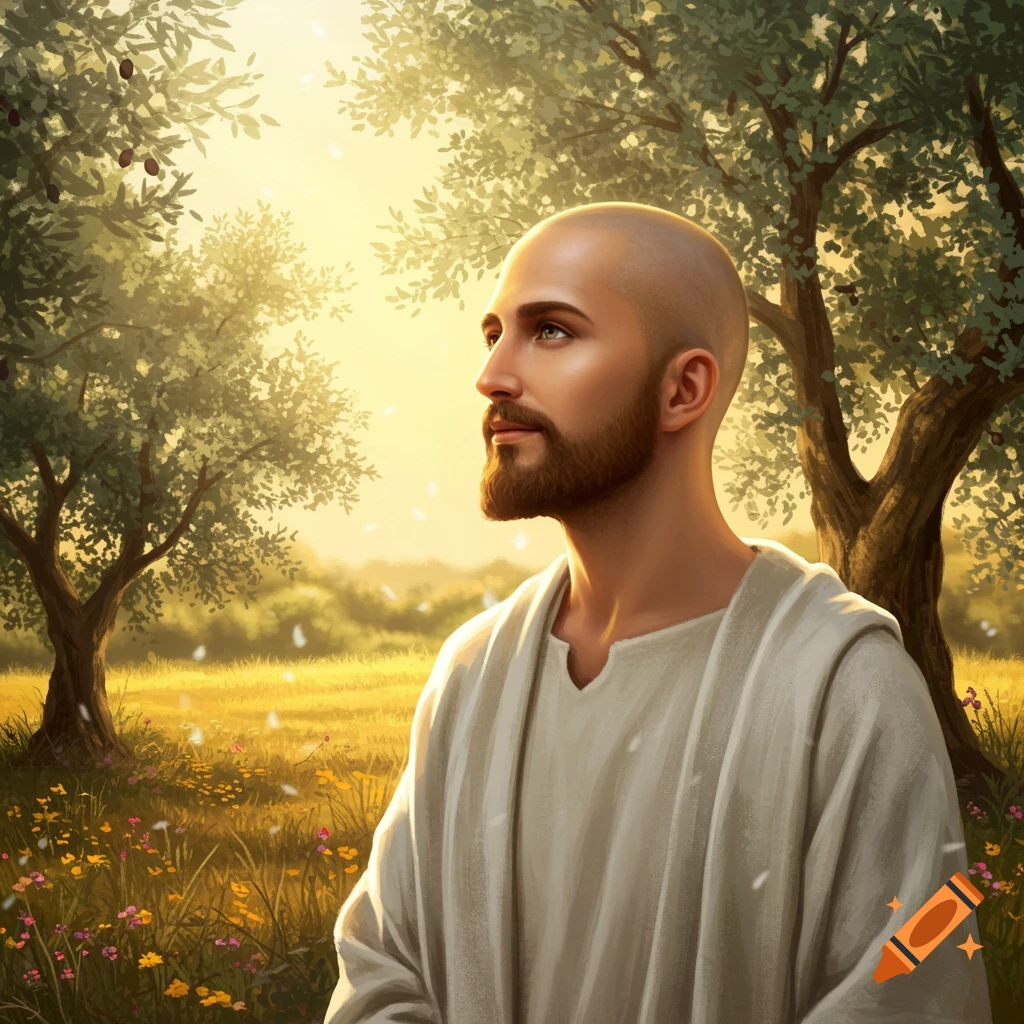 A man with a shaved head and beard in a light robe looking up in a sunny field with trees.