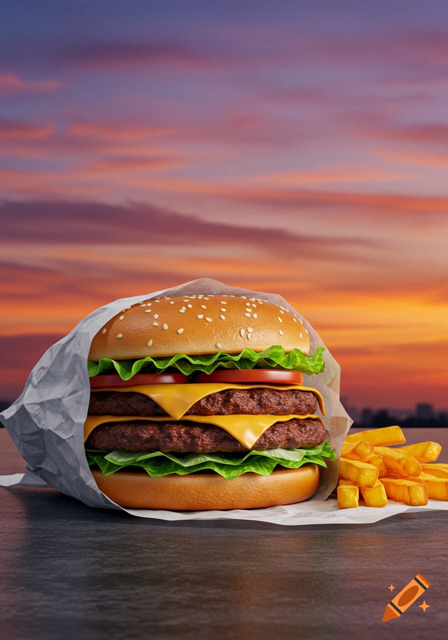 A realistic double cheeseburger wrapped in white paper, next to a pile of golden fries, set against a vibrant sunset sky.