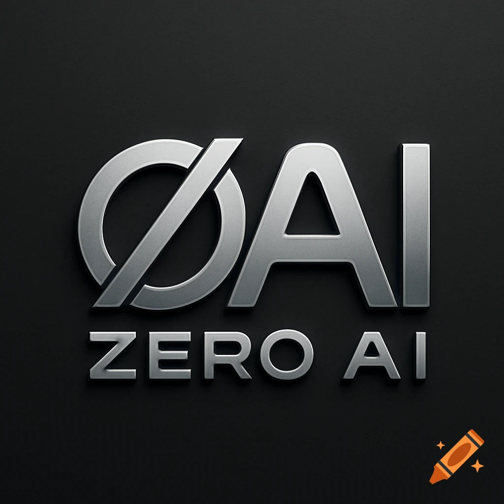 A metallic silver logo for 'ØAI' and 'ZERO AI' on a dark gray background.