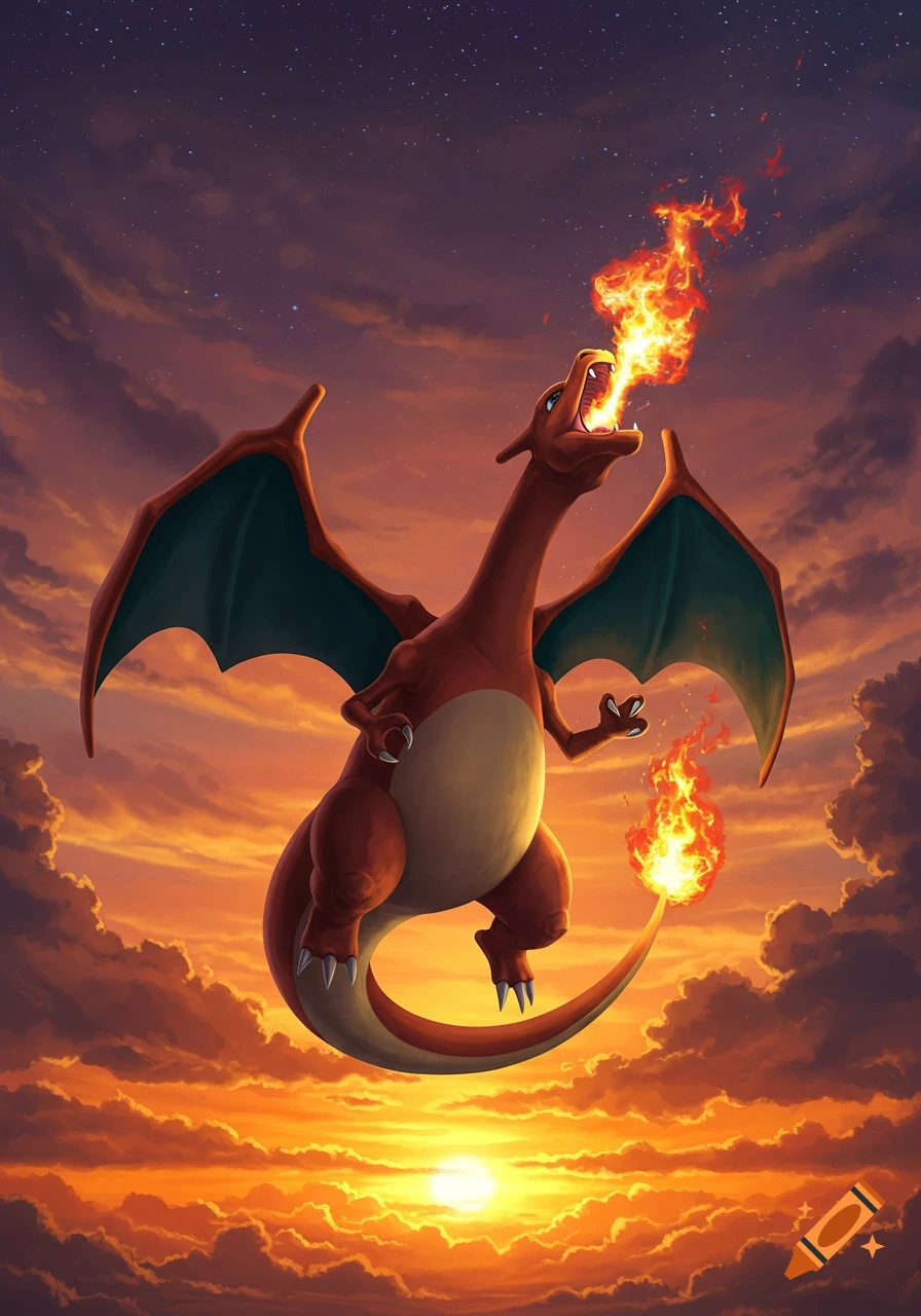 A detailed illustration of Charizard flying and breathing fire, silhouetted against a dramatic orange and purple sunset sky.