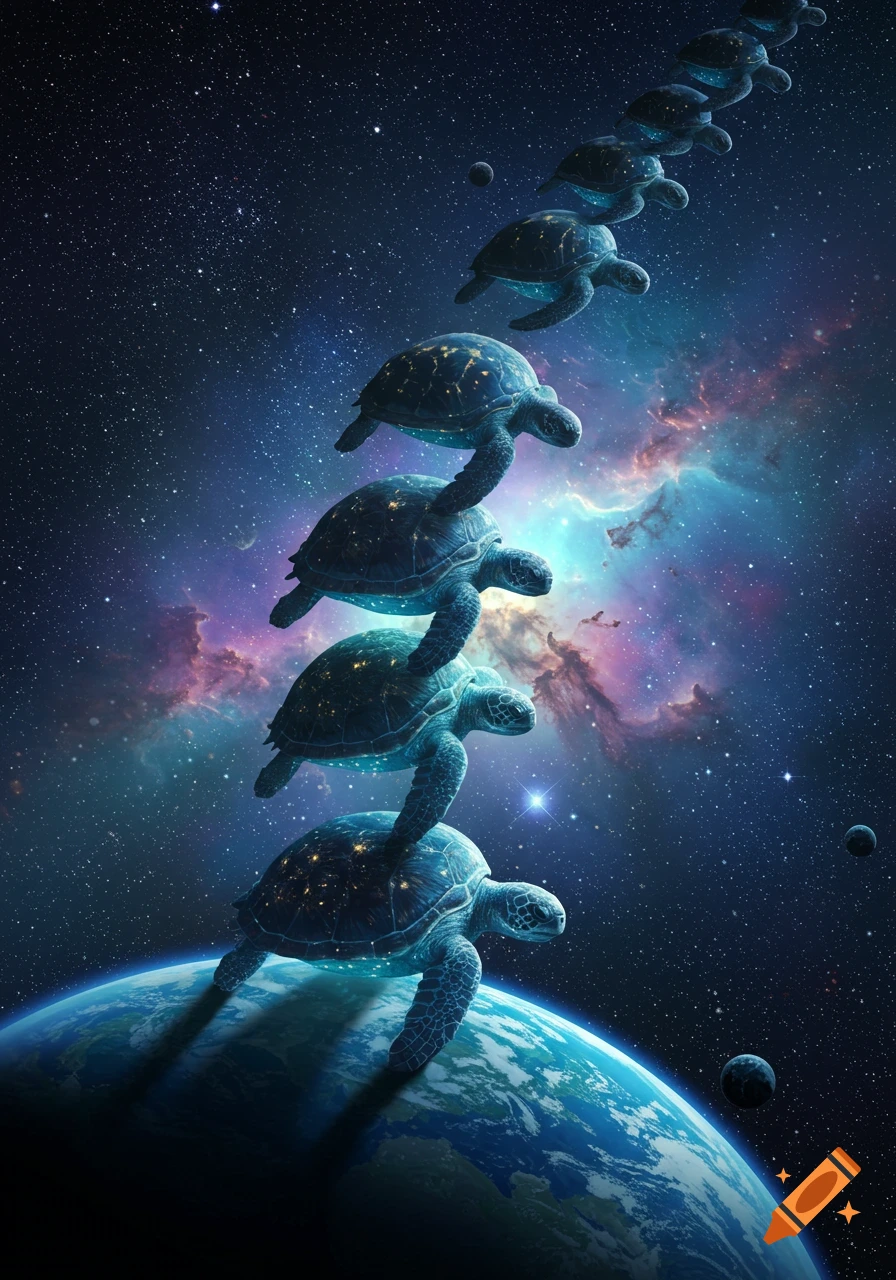 A towering stack of sea turtles extends from a blue Earth into a dark, star-filled galaxy with a colorful nebula.