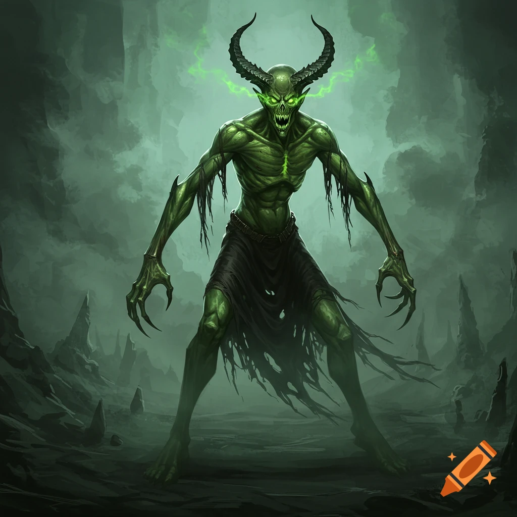 A menacing, lean green horned devil with glowing eyes and sharp claws, wearing ragged black cloth, stands in a dark, misty cavern.