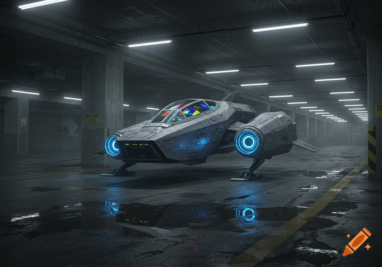 A futuristic gray spaceship with glowing blue and colorful lights parked on a wet floor in a dimly lit, industrial underground concrete parking garage.