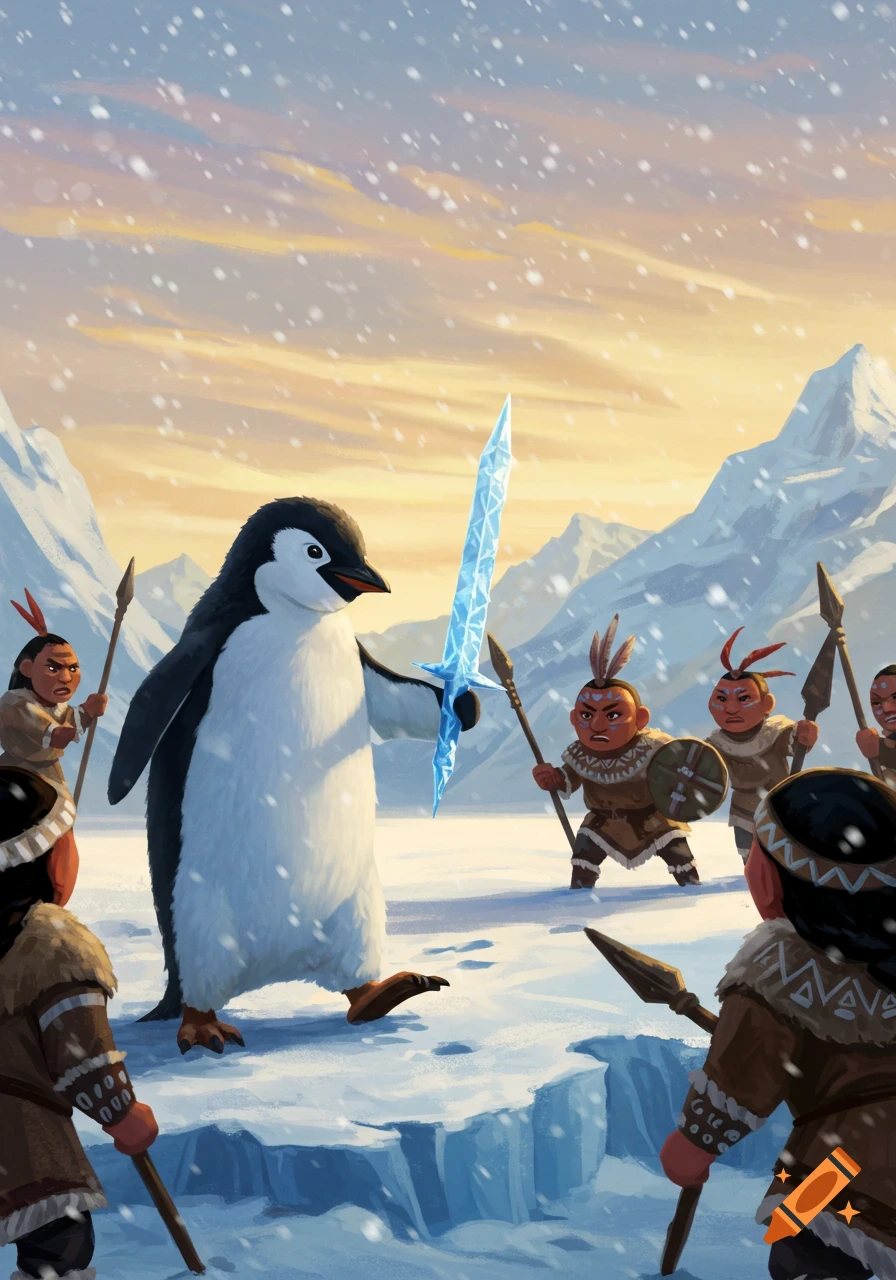 A large penguin holding a glowing ice sword confronts a group of small, spear-wielding indigenous people in a snowy mountain landscape at sunset, illustration style.