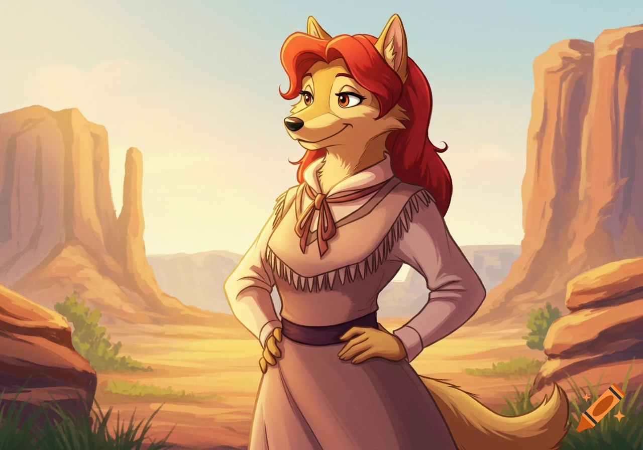An anthropomorphic female wolf with red hair in a western dress stands confidently in a desert at sunset, in an animated style.
