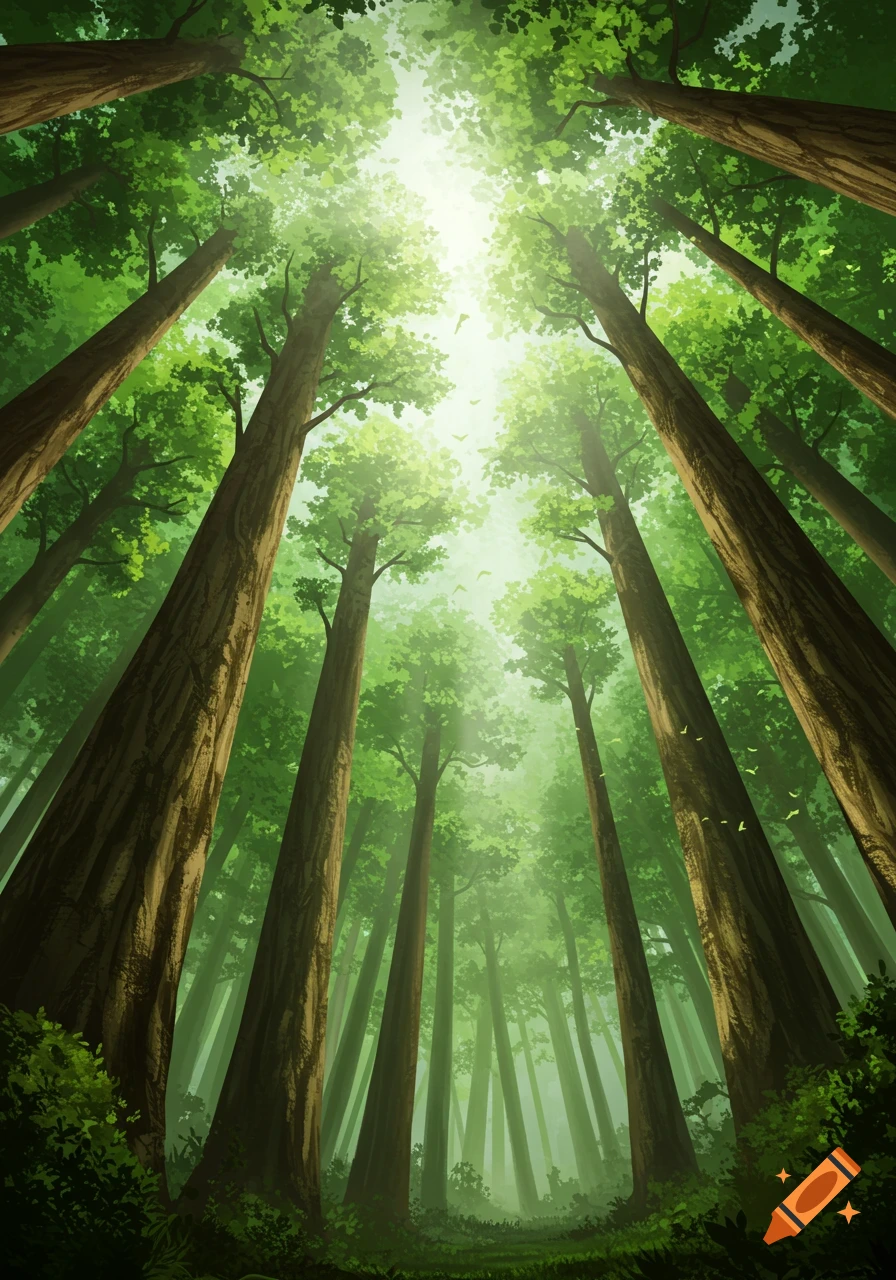 A low-angle view looking up into a dense forest with tall trees and green leaves, bright sunlight shining through the canopy.