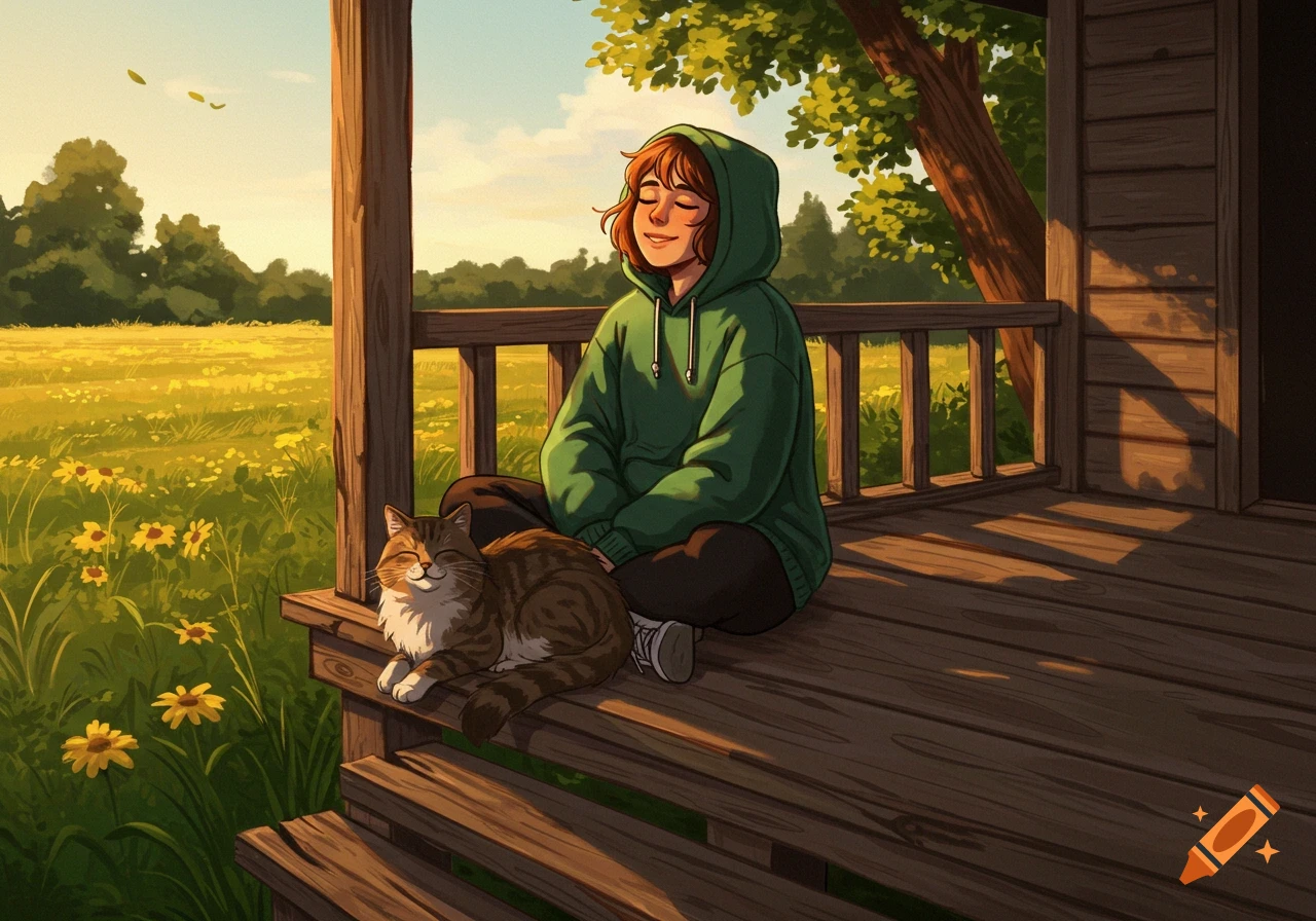 An illustration of a person in a green hoodie sitting on a wooden porch with a contented cat, facing a sunny field of yellow flowers.