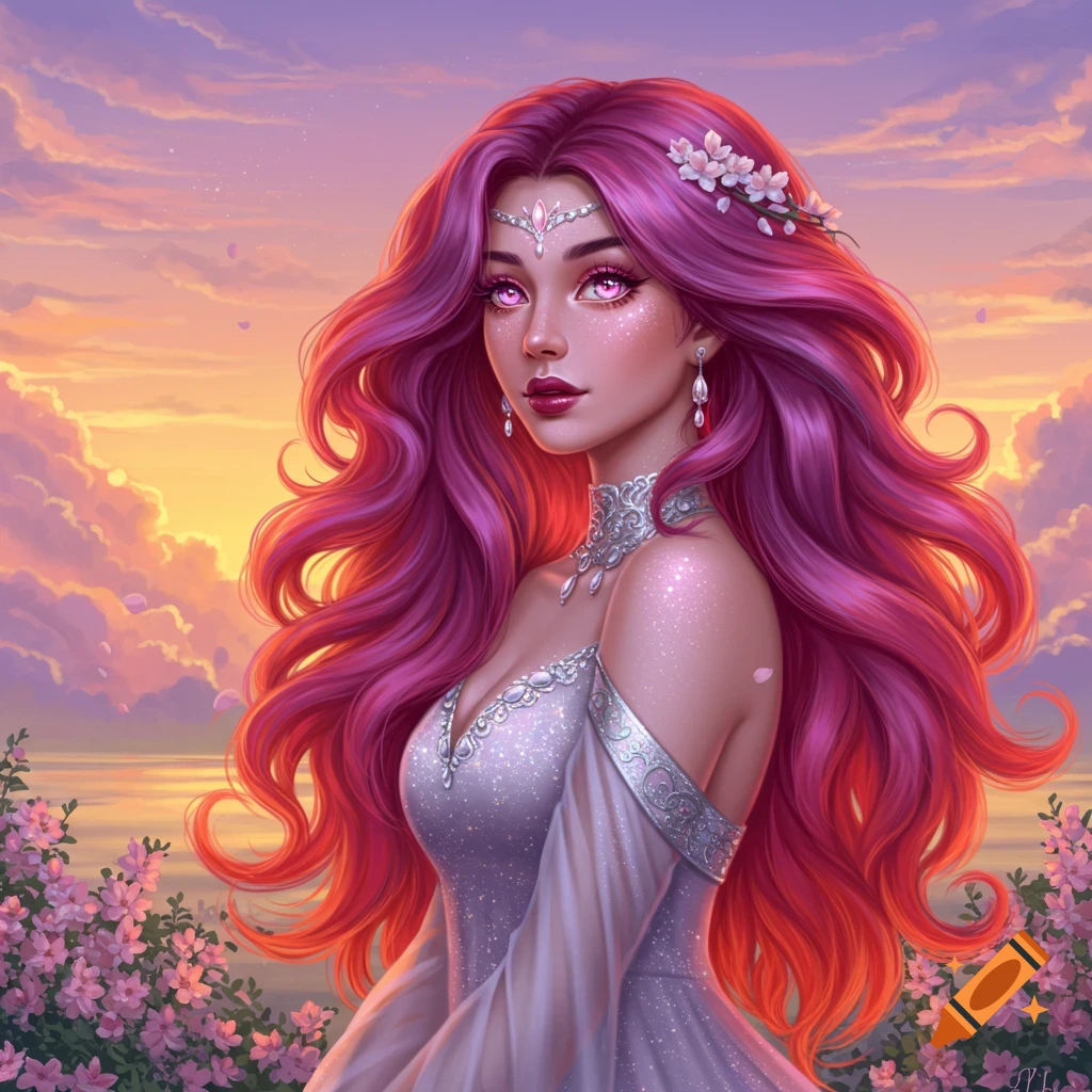Illustrated fantasy portrait of a goddess with long magenta-orange hair, glowing pink eyes, wearing a white gown, against a vibrant sunset sky and pink flowers.