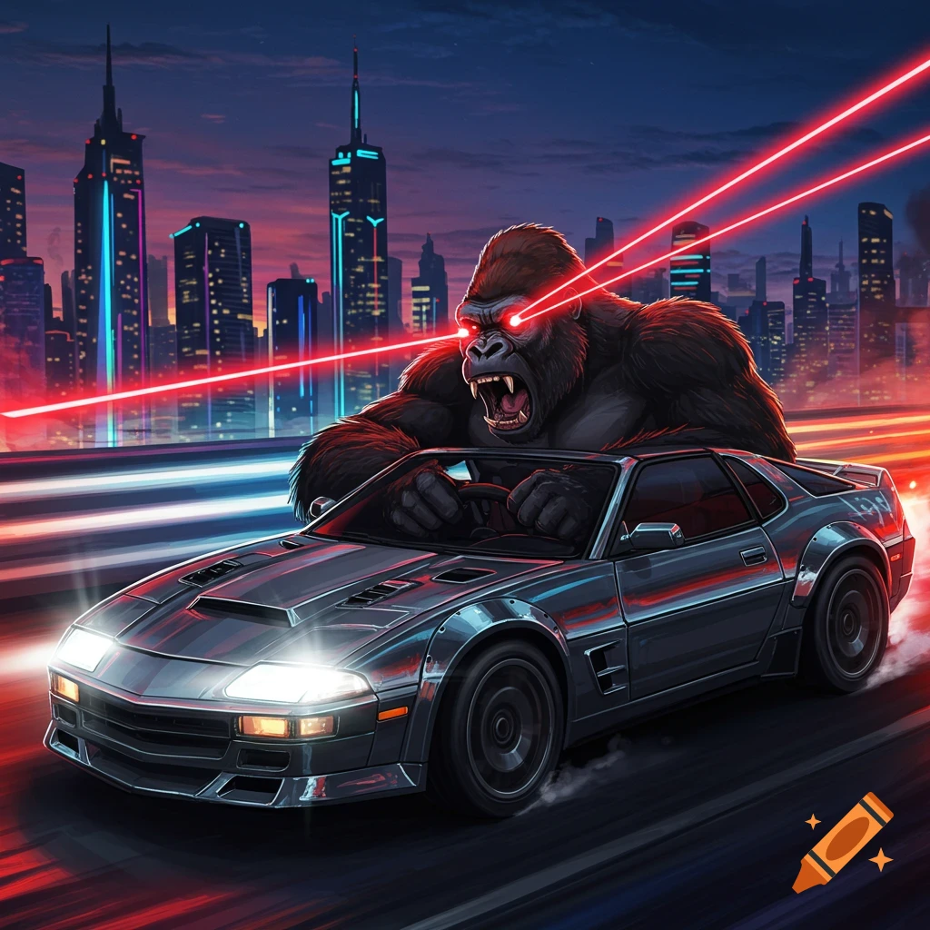 A roaring gorilla with red laser eyes drives a dark sports car through a neon-lit futuristic city at night, illustration style.