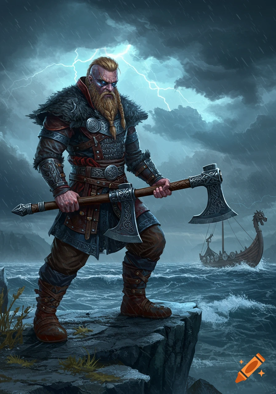 A fierce Viking warrior with a double-bladed axe stands on a cliff overlooking stormy seas with a longship and lightning.
