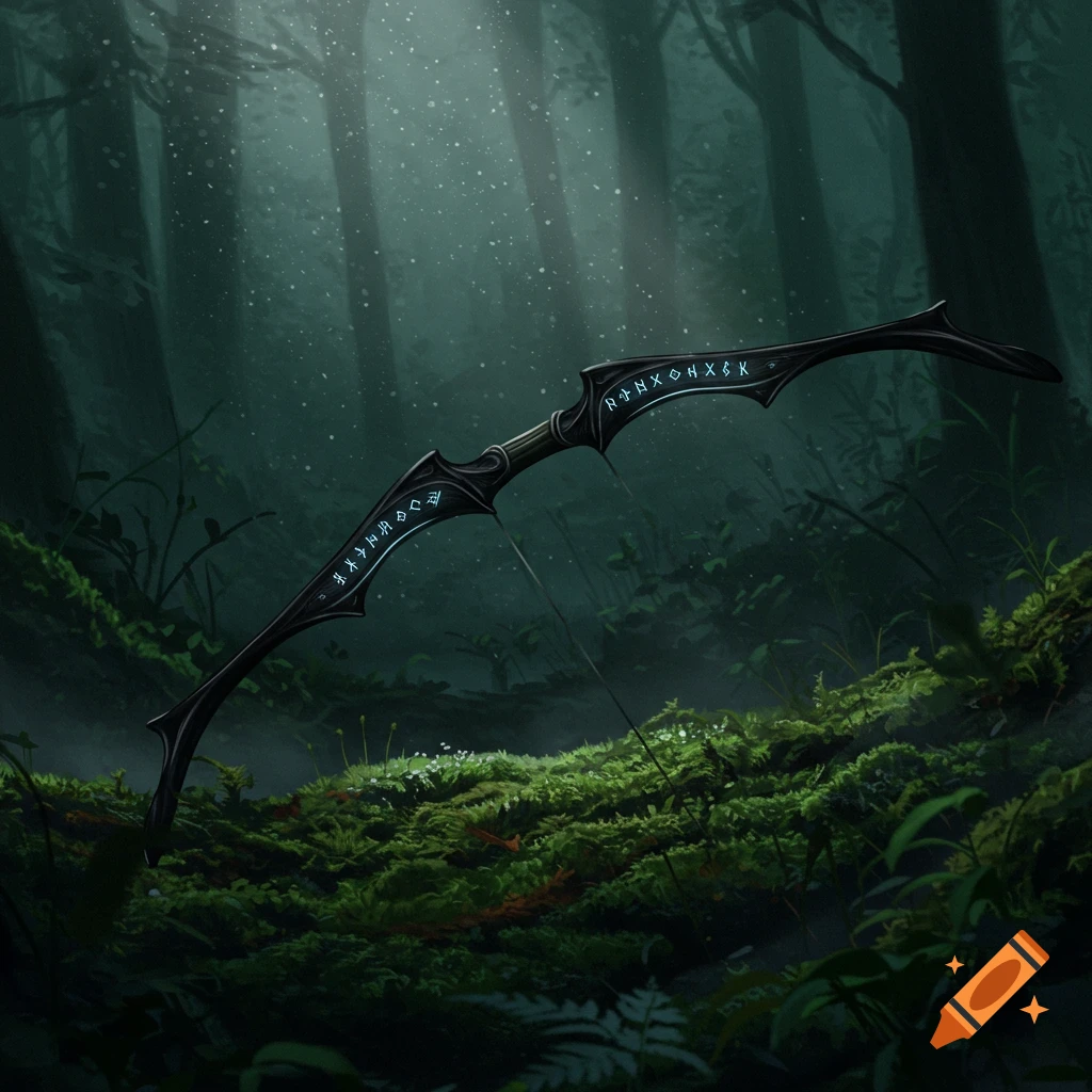 A dark, ornate bow with glowing blue runes rests on a mossy forest floor, with light rays filtering through trees.