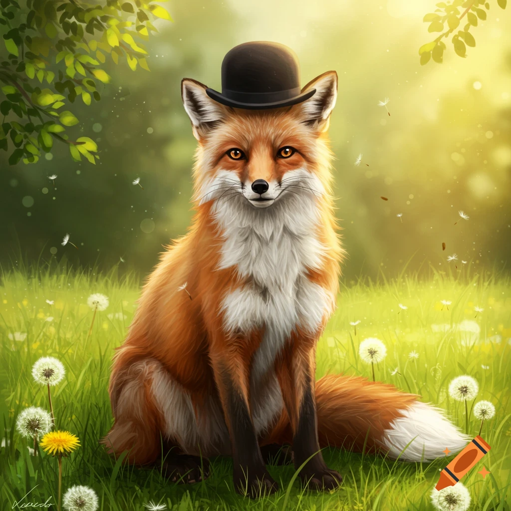 A charming fox wearing a black bowler hat sits in a sunlit grassy field among dandelions, with trees in the background.