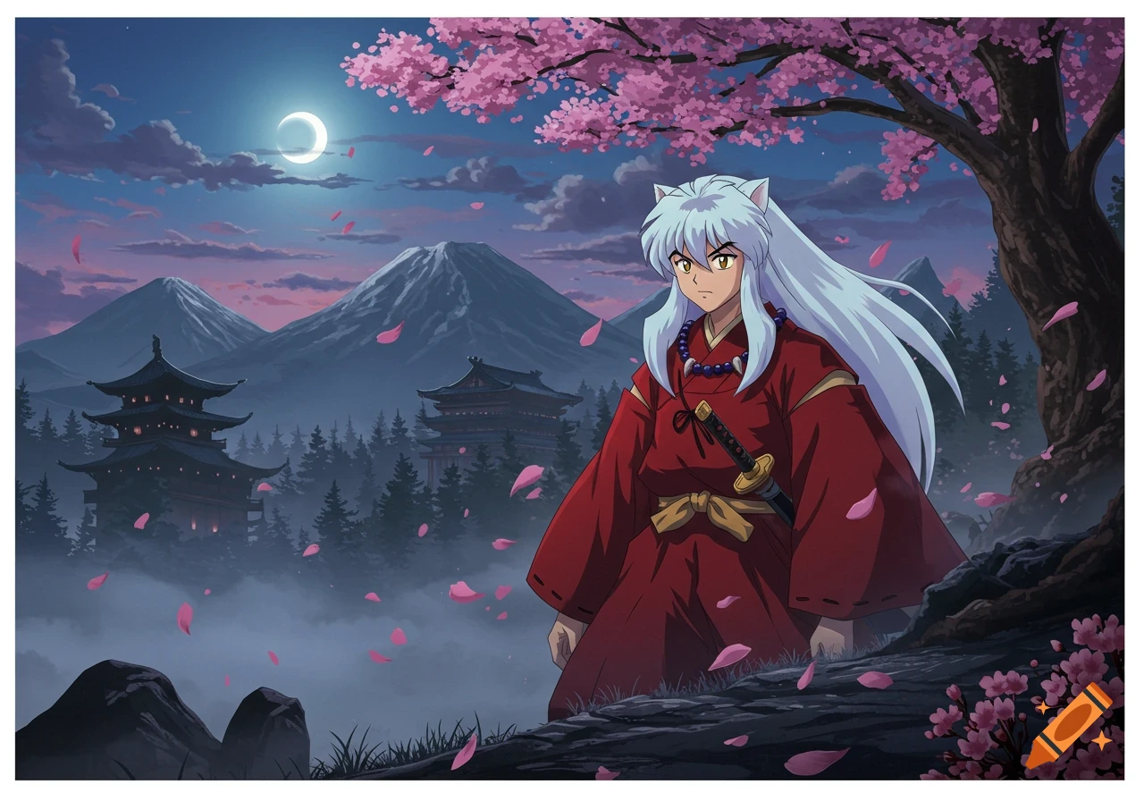 Inuyasha stands under a cherry blossom tree at night, with pagodas and mountains in a misty landscape, anime style.