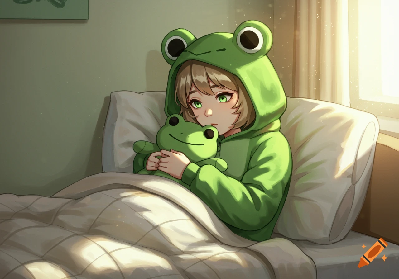 Anime girl with green eyes in a frog onesie sits in bed, hugging a green frog plush, with sunlight streaming through a window.