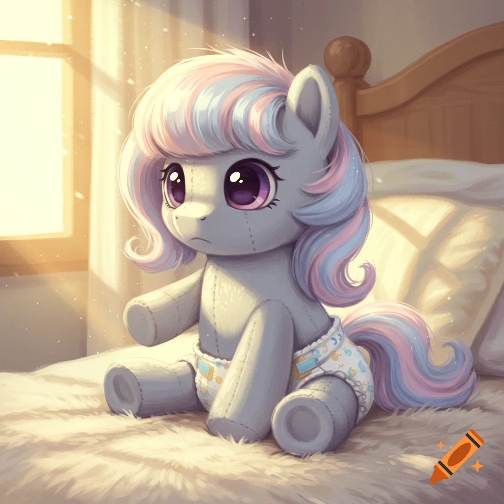 A cute stuffed grey pony with pastel pink and blue mane and tail, wearing a diaper, sitting on a fluffy blanket in a sunlit room.