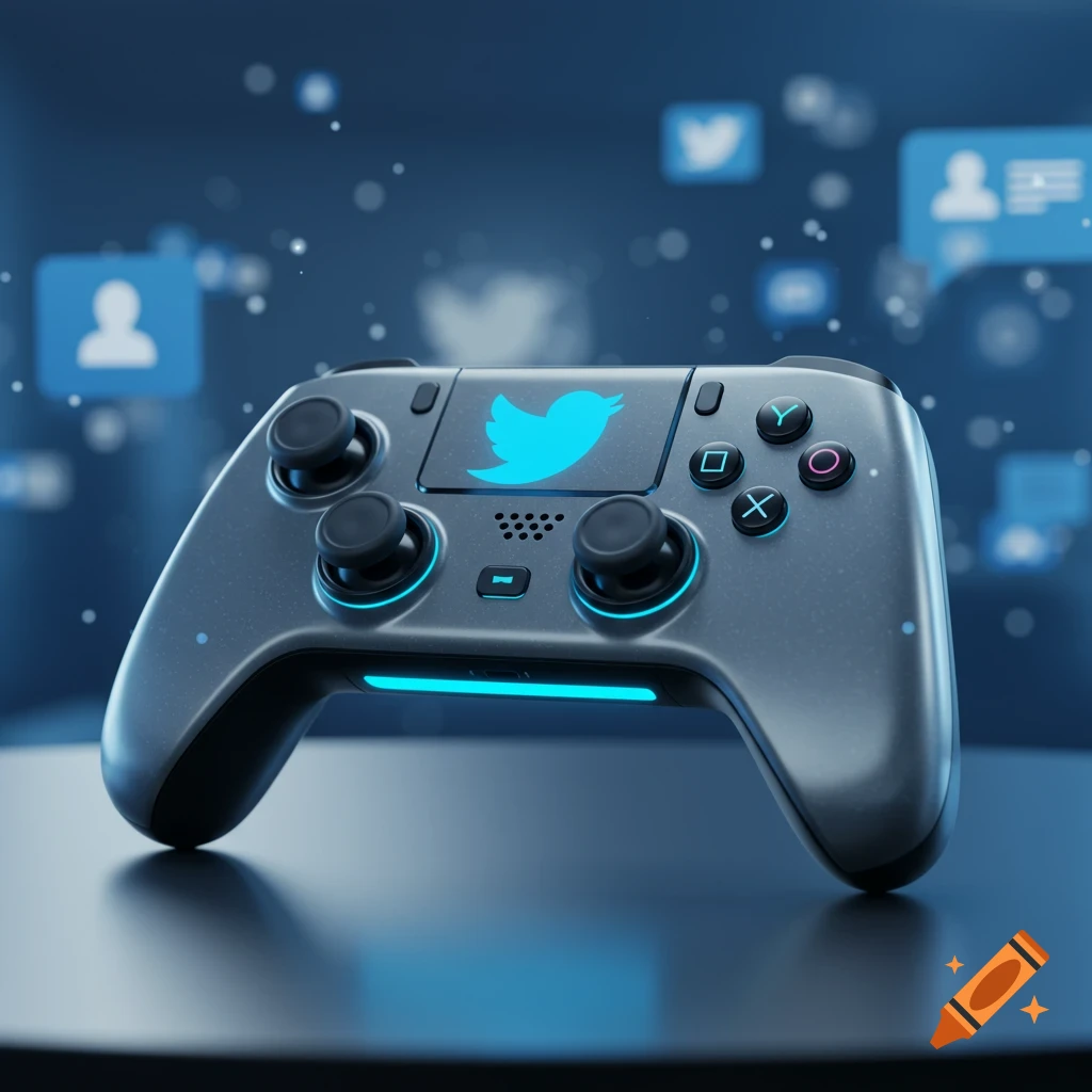 Photorealistic image of a grey game controller with blue glowing accents and a prominent blue Twitter bird logo on its touchpad.